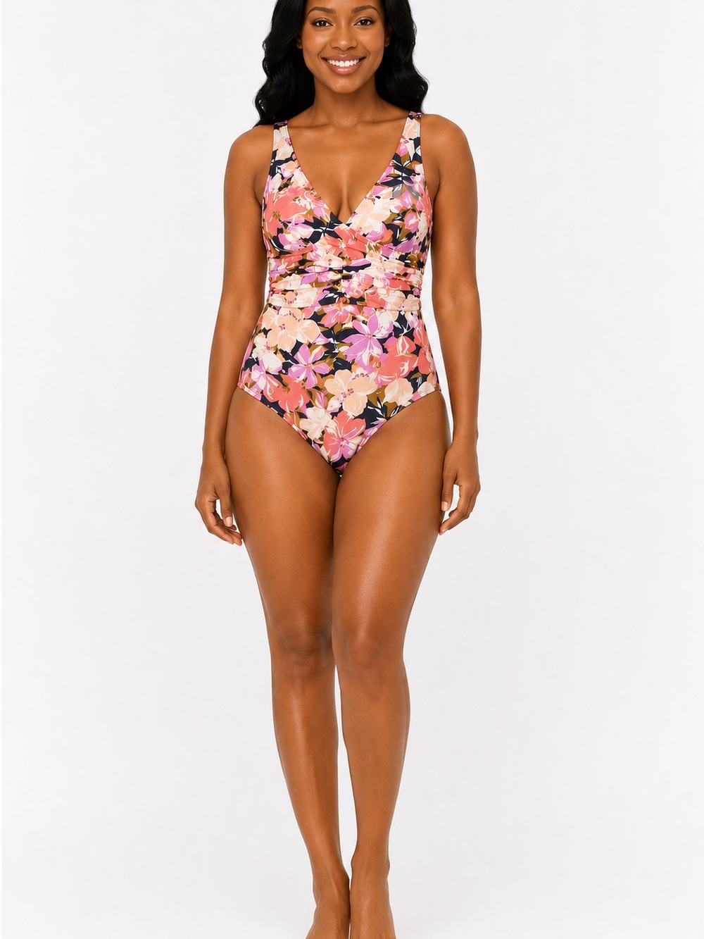 Kona Sol One Piece Swimsuit Women’s Size Medium Floral Plunge Neck